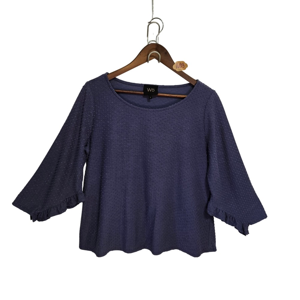 W5 Womens Navy Blue Clipped Dot Ruffle Bell Sleeve Scoop Neck Top Size L
